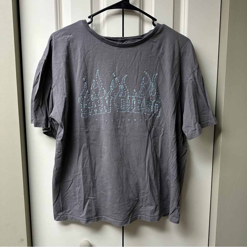 SHEIN SAN DIEGO California Charcoal Graphic Tee With Blue Flames - Medium